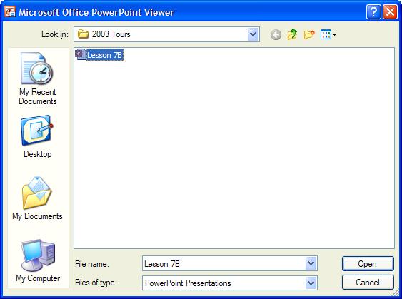Figure 7-20 Double-click the pptview icon to open the PowerPoint Viewer then select the presentation you want to run.
