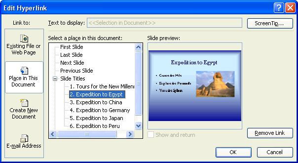 240 Microsoft PowerPoint 2003 Lesson 9-6: Using Hyperlinks Figure 9-12 The Edit Hyperlink dialog box. Figure 9-13 A Hyperlink appears as underlined blue text.