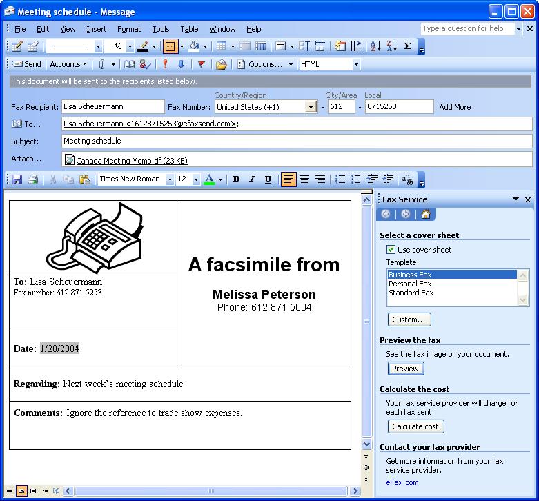 258 Microsoft PowerPoint 2003 Lesson 10-3: Sending Faxes Figure 10-6 The fax message window Fill out the recipient information and Subject line. Select a fax cover sheet, or create your own.