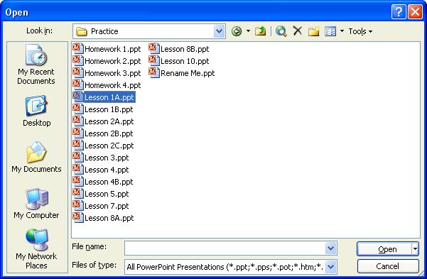 Figure 1-15 File name Change the type of files that are displayed in the Open dialog box. Figure 1-16 Open button Other Ways to Open a File: Select File Open from the menu. Press <Ctrl> + <O>.