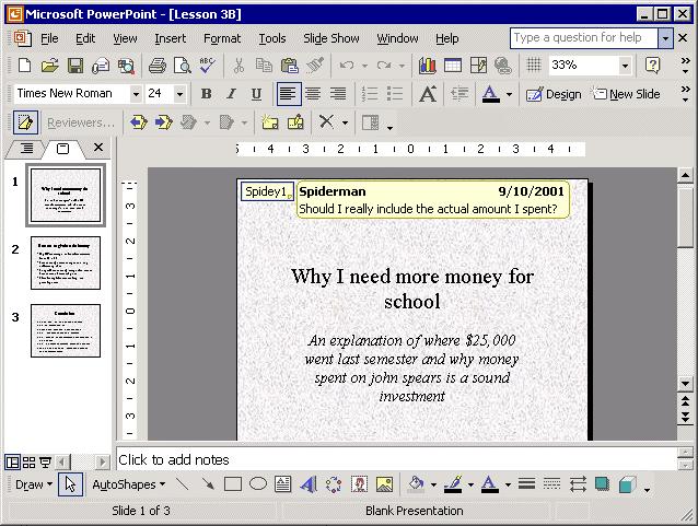 260 Microsoft PowerPoint 2003 Lesson 10-4: Adding Comments to a Slide Figure 10-7 A comment on a slide. Figure 10-8 The Reviewing toolbar.