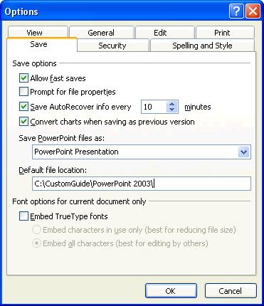 Figure 10-11 The Save tab of the Options dialog box.