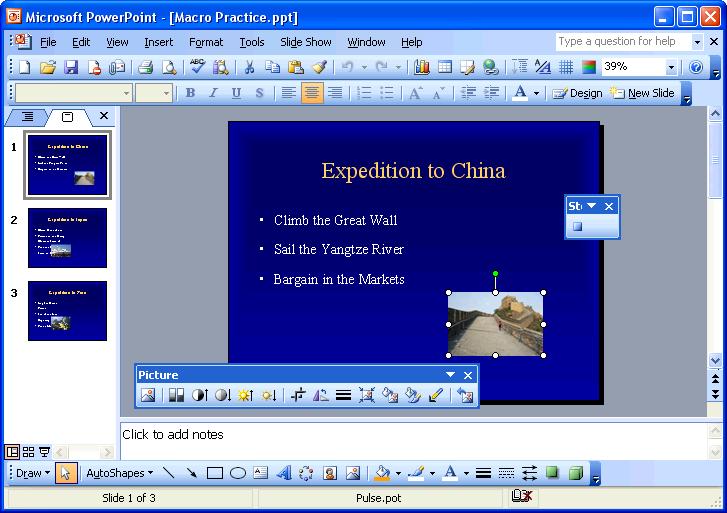 266 Microsoft PowerPoint 2003 Lesson 10-7: Recording a Macro Figure 10-16 The Record Macro dialog box. Figure 10-17 Recording a macro. Figure 10-16 Enter a name for the macro.