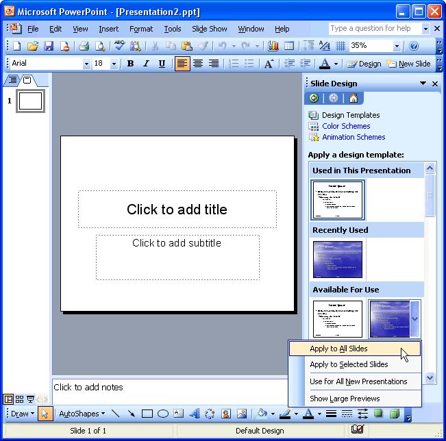 32 Microsoft PowerPoint 2003 Lesson 1-11: Creating a Blank Presentation and Creating a Presentation from a Template Figure 1-22 Select a Design Template from the Slide Design task pane.