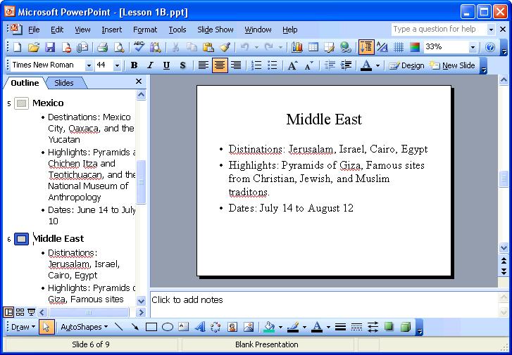 36 Microsoft PowerPoint 2003 Lesson 1-13: Viewing Your Presentation Figure 1-24 Use the View buttons to change how your presentation is displayed.