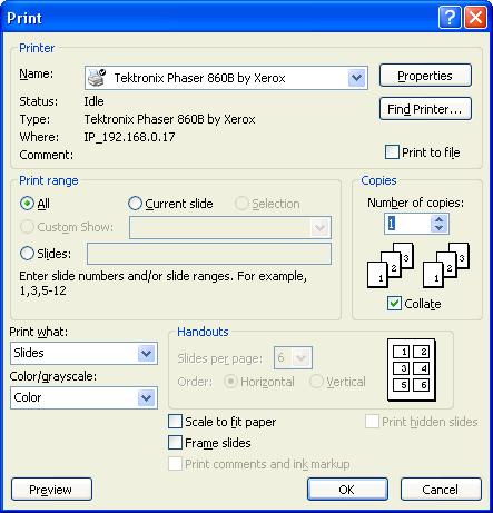 38 Microsoft PowerPoint 2003 Lesson 1-14: Printing Your Presentation Figure 1-25 The Print dialog box. See Table 1-8: Print Dialog Box Options for definitions of what everything means.