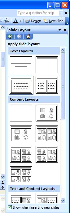 50 Microsoft PowerPoint 2003 Lesson 2-1: Inserting Slides and Text Figure 2-1 Select the layout you want for your new slide from the task pane.