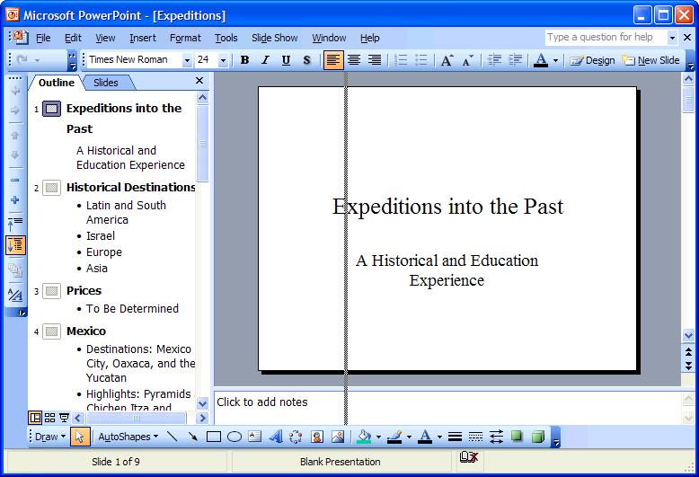 52 Microsoft PowerPoint 2003 Lesson 2-2: Using the Outline Pane Figure 2-4 You can resize the Outline pane so that you can see more of a presentation s outline at once.