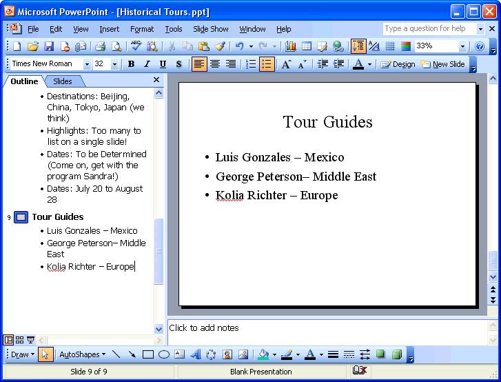 56 Microsoft PowerPoint 2003 Lesson 2-4: Selecting, Replacing, and Deleting Text Figure 2-6 Selecting and replacing text. Figure 2-7 The updated presentation. 1.
