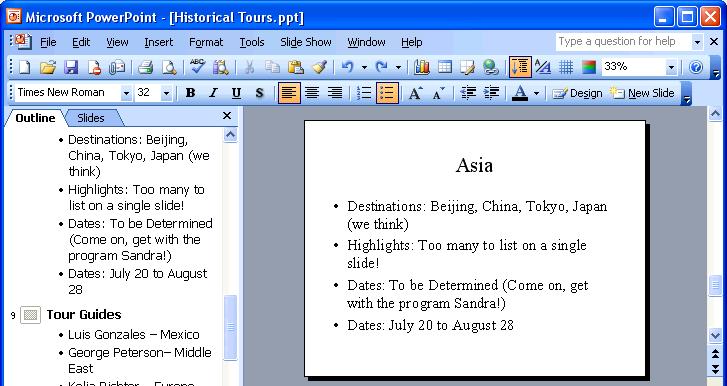 60 Microsoft PowerPoint 2003 Lesson 2-6: Using Undo, Redo, and Repeat Figure 2-9 Undoing a slide deletion.