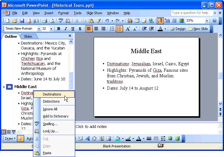 62 Microsoft PowerPoint 2003 Lesson 2-7: Checking Your Spelling Figure 2-10 PowerPoint identifies spelling errors by underlining them in red.