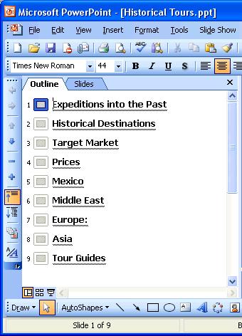 66 Microsoft PowerPoint 2003 Lesson 2-9: Viewing a Presentation s Outline Figure 2-13 An expanded outline shows all the presentation s details.