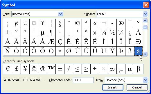 70 Microsoft PowerPoint 2003 Lesson 2-11: Inserting Symbols and Special Characters Figure 2-17 The Symbol dialog box. Select a symbol or character from a different font.