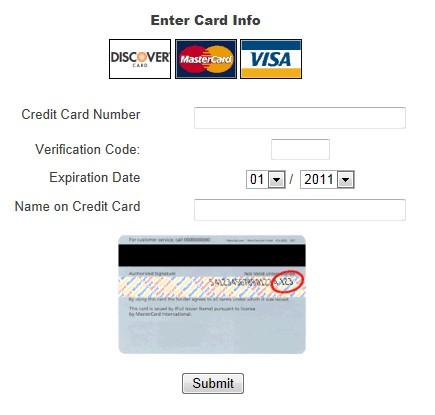 Card Information In the next screen, enter your credit card information in the fields provided, and click the Submit button.