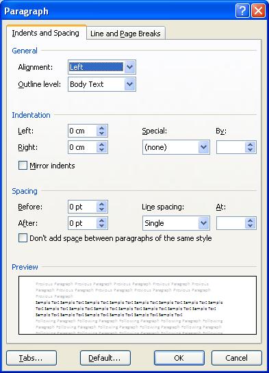 Formatting MS Word for Spacing and Indentation For some reason, Microsoft believes Spacing should be 10 pt and line spacing should be 1.