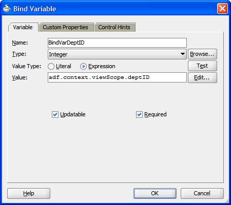 Internationalization of Labels Figure 2 17 Bind Variable Window a. In the Bind Variable window, under the Variable tab, enter the bind variable name as the same name used in the query (BindVarDeptID).