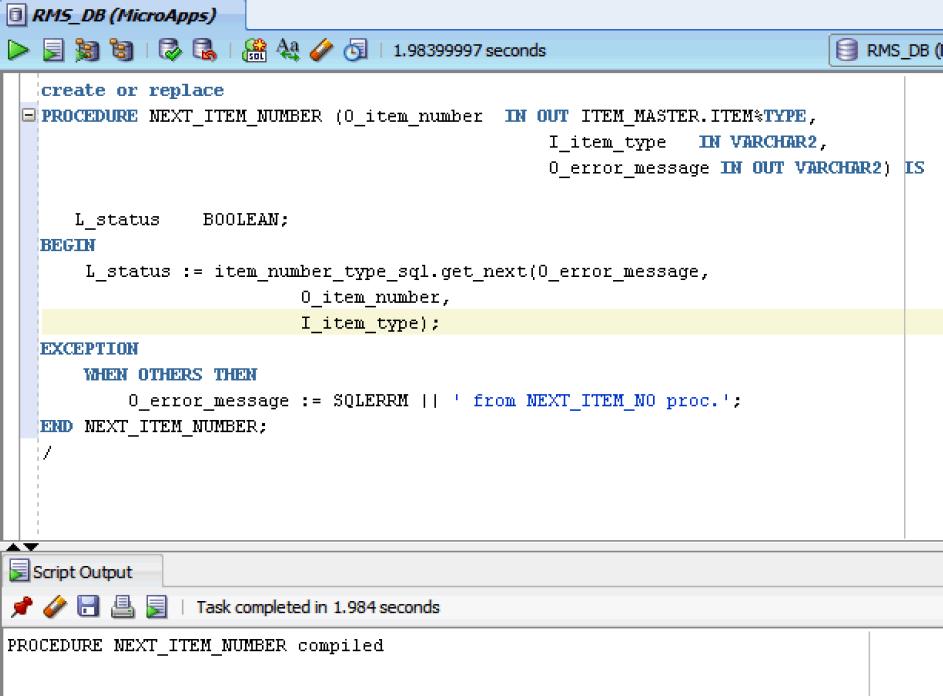 PL/SQL Wrapper for Item Sequence Generator in RMS Figure 2 46 SQL Worksheet with the