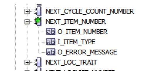 PL/SQL Wrapper for Item Sequence Generator in RMS Figure 2 48 Compiled Procedures in the Database Navigator This procedure will be called from the CreateRegularItemImpl class created above.