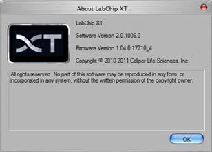 Software Reference 138 About LabChip XT/XTe Window The About LabChip XT/XTe window displays the software and firmware