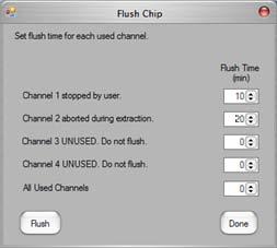 Software Reference 154 Flush Chip Window Use the Flush Chip window to flush used channels on a chip for the specified times. Individual times can be specified for each channel on a chip.
