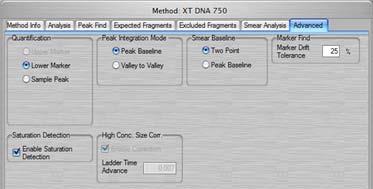 Software Reference 171 Advanced Tab Use the Advanced tab on the Method Window to view the quantification marker settings or change the Peak Size Calibration point. Figure 58.