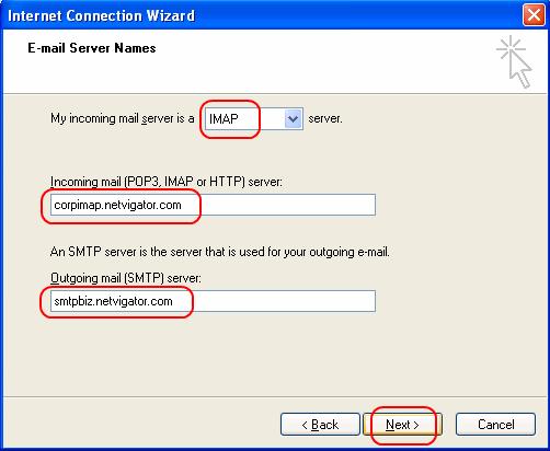 5. Select IMAP, enter corpimap.netvigator.com to the incoming mail server input box, then enter smtpbiz.netvigator.com to the outgoing mail server input box.