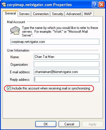 8. In General tab, tick [Include this account when receiving mail or synchronizing] checkbox, then
