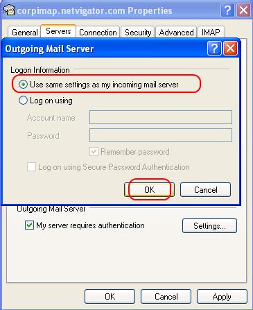 10. In child window, select the [Use same settings as my incoming mail server], and then click [OK] to back to