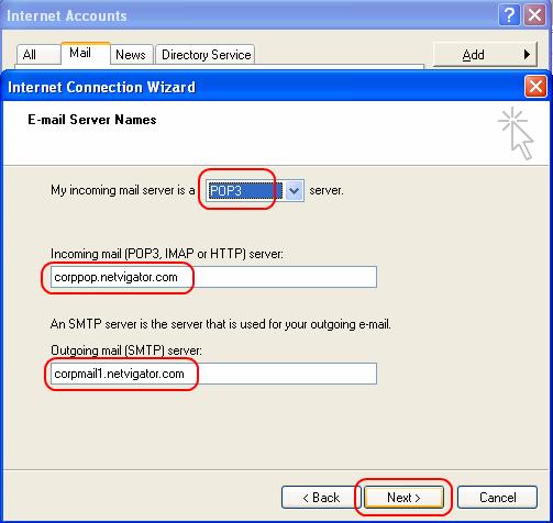 5) Select POP3, enter corppop.netvigator.com to the incoming mail server input box, then enter corpmail1.netvigator.com to the outgoing mail server input box.