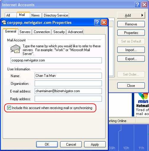 8) In General tab, tick [Include this account when receiving mail or synchronizing] checkbox, then