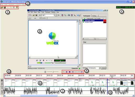 Chapter 1: WebEx Recording Editor User's Guide Toolbar Menu bar Preview area Elapsed Time and Duration indicator Timeline