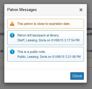 Display patron notes in a pop-up window Library staff can now designate certain patron notes to display in a pop-up box by