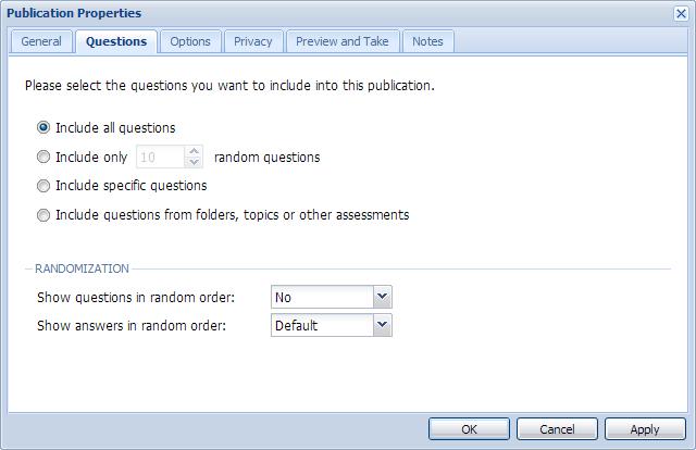 QUESTIONS TAB This tab allows you to choose the questions you want to include in the publication and their order.