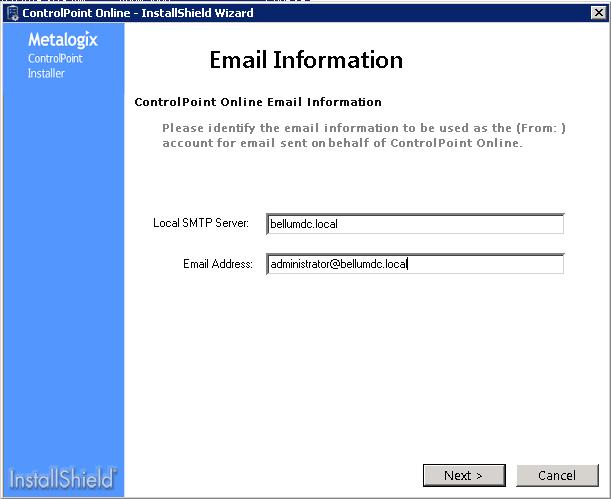 14 Click [Next] to display the ControlPoint Online Email Information dialog.