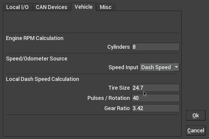 Vehicle Tab Contains settings that control the input channel that drives the internal odometer and local RPM and speed calculations.