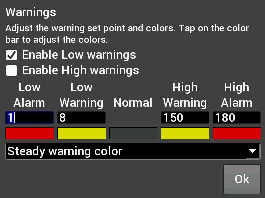 When the gauge value reaches Low Alarm or High Alarm, the gauge face will change to the corresponding color. You can click on the color bar beneath the values to change the corresponding color.