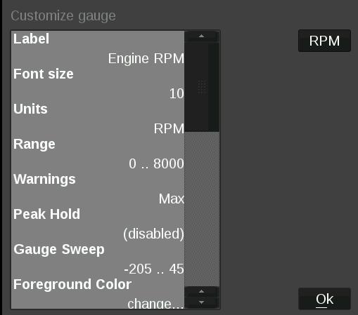 Modifying Channels on a Preconfigured Layout Any gauge channel can be changed to meet user needs. To do this, touch the gauge to modify and press Customize.