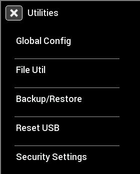 Utilities Menu From the utilities menu, you can upload/download global EFI configurations, access file utilities, backup/restore the dash configuration, and adjust security