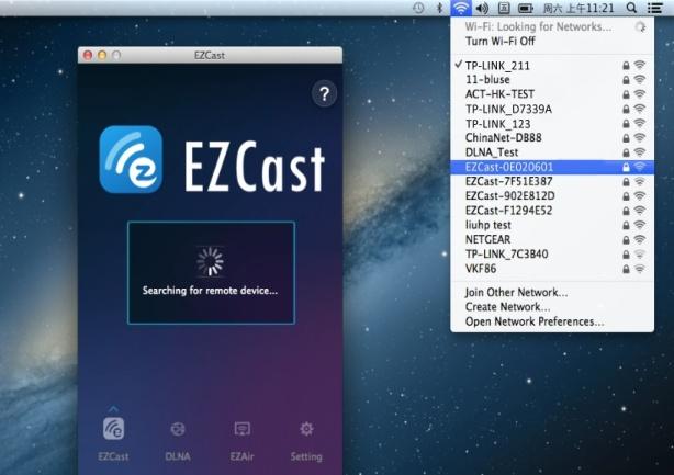 4 Set up EZCast using Mac Laptop 3.4.1 Download and Install the EZCast App on your Mac Laptop, the EZCast App available for Mac OS 10.7 and higher. 3.4.2 Launch the EZCast App on your laptop desktop, the TV/Projector Screen will show in the below with SSID Number(EZCast Wi Fi Network account) and Password.