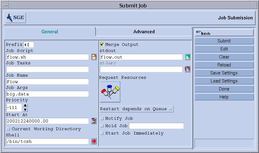 FIGURE 4-7 shows the Job Submssion dialogue box with most of the parameters set. FIGURE 4-7 Extended Job Submission Example The job configured in the example has the script file, flow.