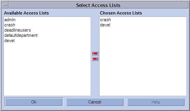 Clicking the icon buttons associated with both display regions presents the Select Access Lists dialogue boxes, similar to the example in FIGURE 10-4.