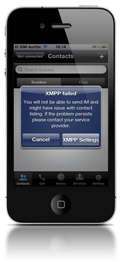 Figure 4 XMPP Login Failure During login, the client also updates its own vcard on the XMPP server, with its own SIP address and primary BroadWorks phone number.