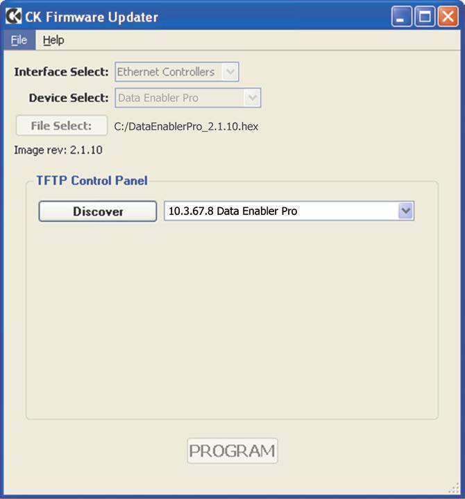 Running a Firmware Update (Ethernet network) 1. Connect a computer to the lighting network, and run CK Firmware Updater. 2. From the Interface Select drop-down list, select Ethernet Controllers. 3.