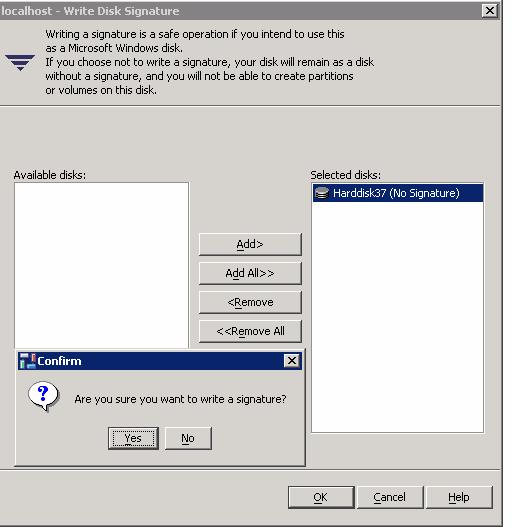 Right-click a disk, and select write signature. Add all disks, click OK, and then click Yes to write the signatures. See Figure 7.