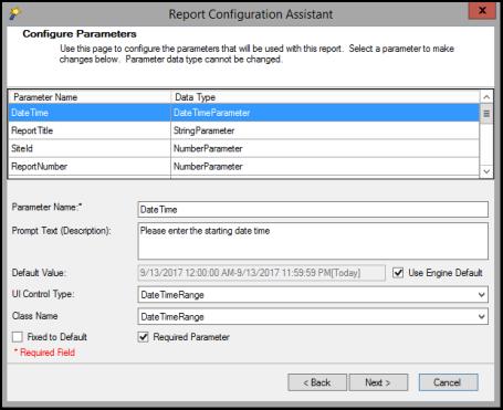 Configure parameters Report parameters are defined in the.rpt file. On this page of the Crystal Reports Import Utility, you configure the report parameters that are defined in the.rpt file. You cannot create new parameters or delete existing parameters here.