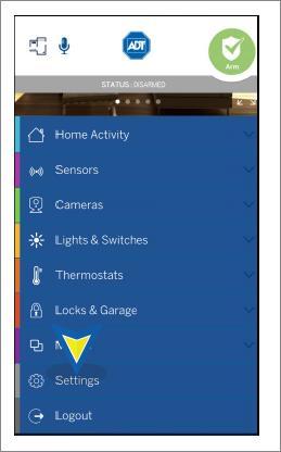 ADT Pulse Mobile App Settings Tap Settings on the Dashboard.