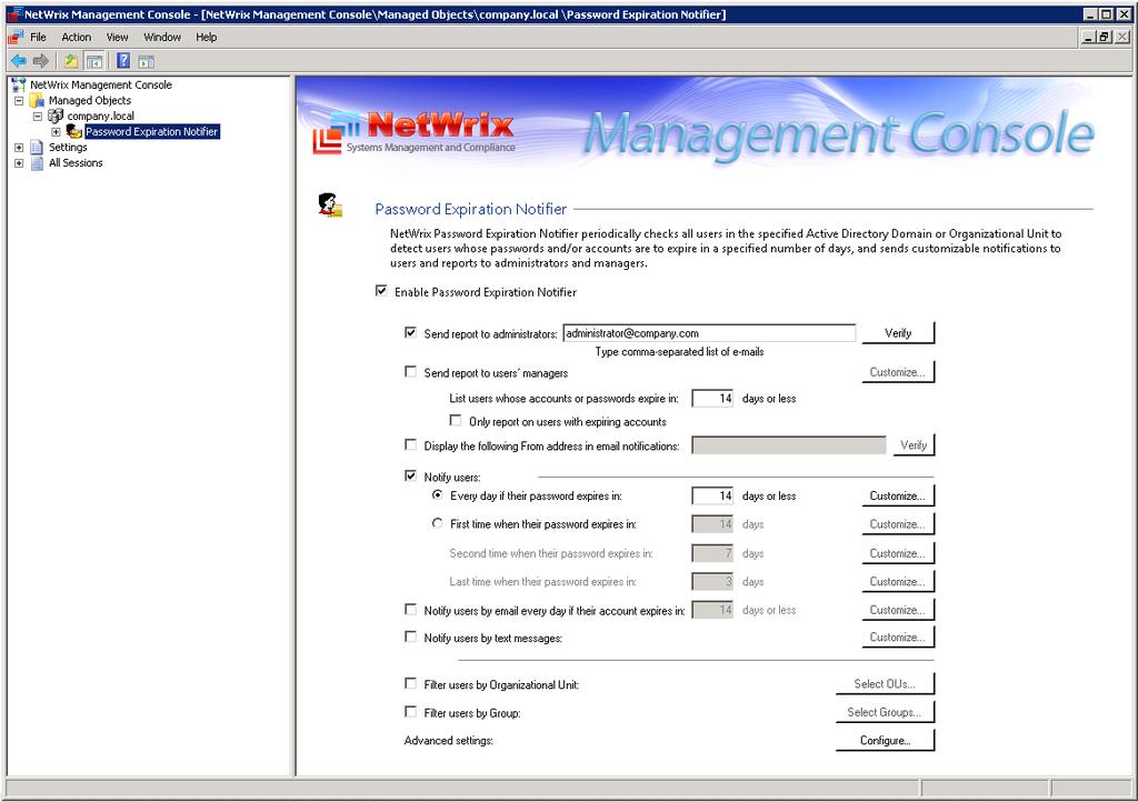 1. In the left pane of NetWrix Management Console, expand the Managed Objects node, expand the node of the required Managed Object and select Password