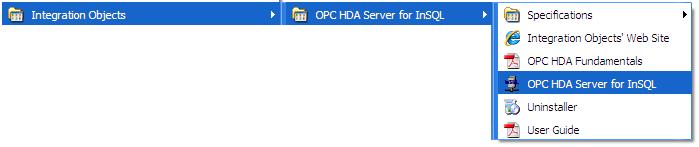 To start the OPC HDA Server manually, click on Start Programs Integration Objects OPC HDA Server for InSQL OPC HDA Server for InSQL Figure 3 : Start menu If the server is not currently running, COM