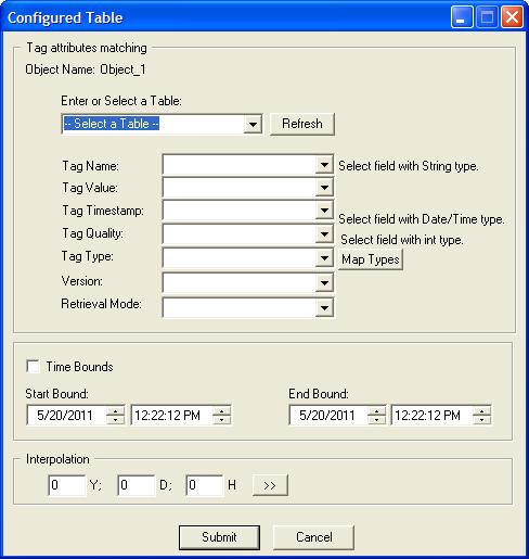 Figure 17 : Configure Table Window When you select a table name from the combo box, the HDA Server mapps automatically each tag s attribute with the appropriate column if the column name is similar