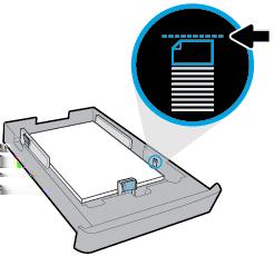 3. Insert the paper in portrait orientation and with the side to be printed facing down. Make sure the stack of paper is aligned with the appropriate paper size lines on the front of the tray.